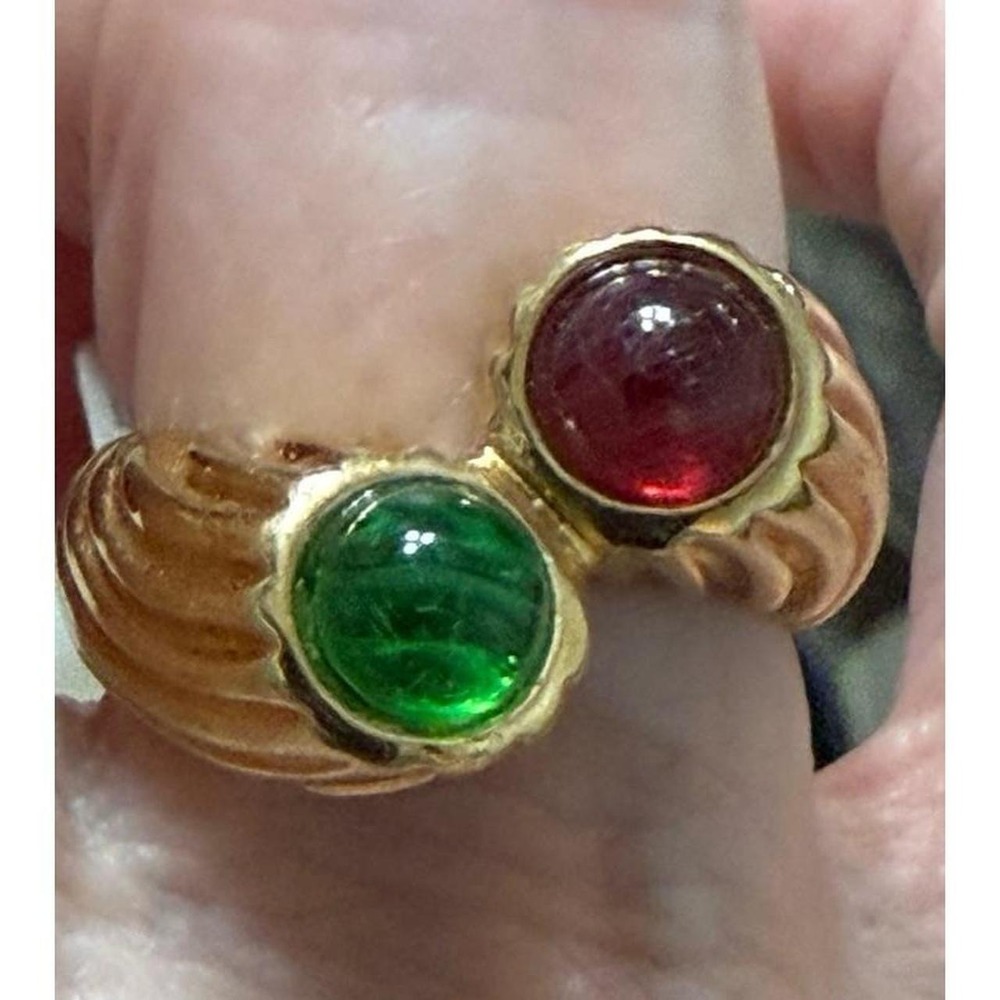 Vintage 18K HGE Gold Plated Bypass Ring Red Green Cabochon Ribbed Band